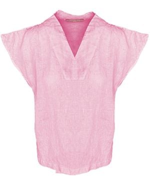 Haris Cotton Linen V-Neck Blouse With Short Flutter Sleeves Powder - Pink