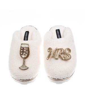 Laines London Neutrals Teddy Closed Toe Slippers With Mrs & Wedding Champers Brooches - White