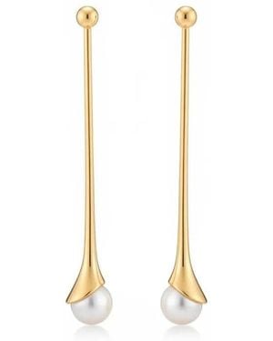 Angel Barocco Minimalist Pearl Drop Bar Earrings - Metallic