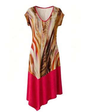 Conquista Asymmetrical Midi Dress With Abstract Print & Contrast Hem - Red