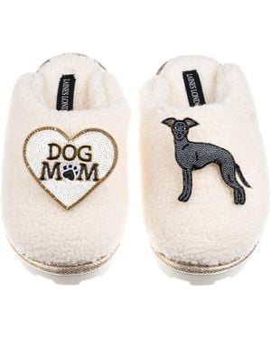 Laines London Neutrals Teddy Closed Toe Slippers With Dog Mum/Mom & Italian Greyhound Brooches - White