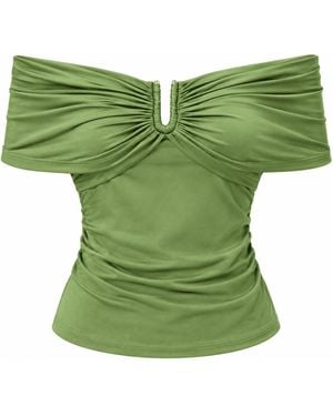Exquise Artus Off Shoulder Metal Buckle Knit Blouse- Khaki - Green