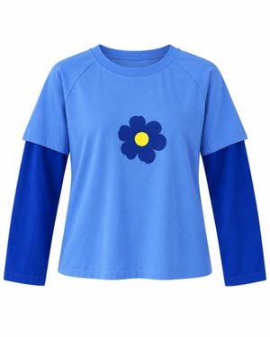 Mind Traveler Double Sleeve Cropped Aria T-Shirt With Flower Detail - Blue