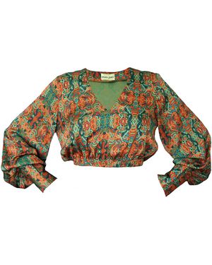 Janara Jones Snakes Print Satin Long Sleeve V-Neck Blouse - Green