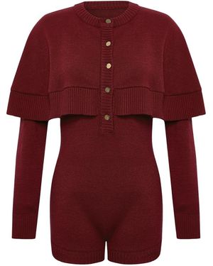 Thisisu Collection Cleo Cape Detail Knit Jumpsuit – Burgundy - Red