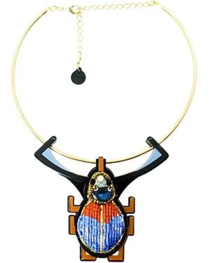 Gissa Bicalho Handmade Acrylic Necklace Scarab Embroidered Topaz - Blue