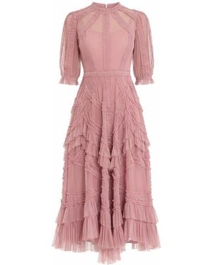 Mac Duggal High Neck Puff Sleeve Ruffle Tiered Midi Dress - Pink