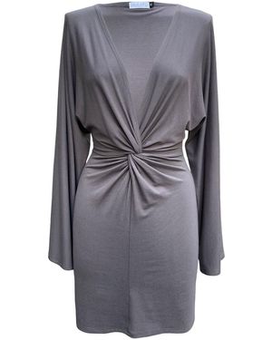 Imaatu Eclipse Knot Front Extremely Deep V-Neck Sculpting Elastic Viscose Mini Dress Long Kimono Sleeves - Grey