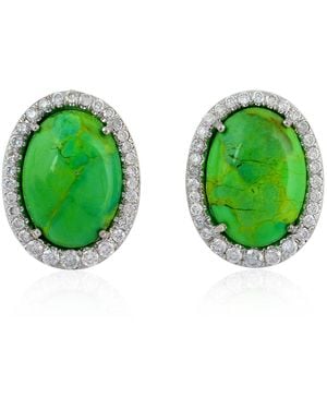 Artisan 18K Oval And Pavé Diamond Stud Earrings - Green