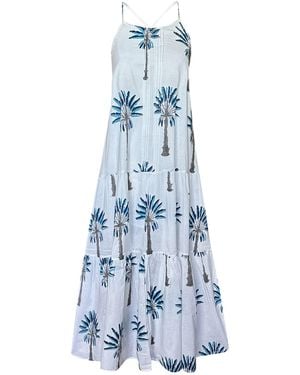 Pick Happy Pintuck Maxi Palm Tree Cotton Dress - Blue