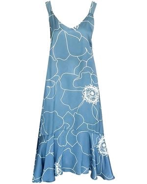 Haris Cotton Printed Satin Maxi Dress With Straps And Ruffled Hem Peonies - Blue