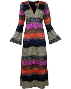 Lalipop Design Knitted V-Neck Multi Color Maxi Dress - Red