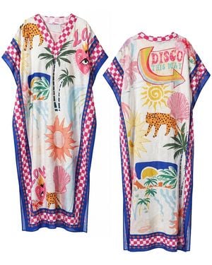 LOVEIST STORE Mercy Tropical Graphic Pop Linen-Feel Kaftan Abaya - Red