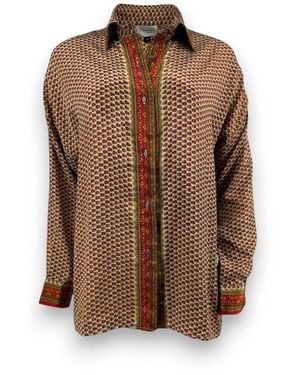 Monzlapur New York Embossed Oriental Motif Long Sleeve Shirt - Brown