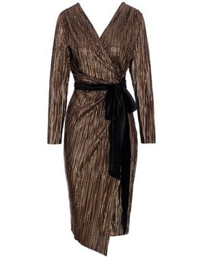 concept A trois Plisse Cocktail Dress With Long Sleeves And Velvet Cord - Brown