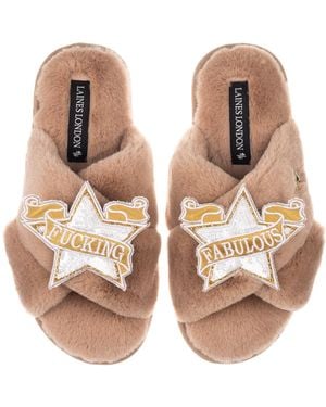 Laines London Neutrals Classic Laines Slippers With Fucking Fabulous Brooches - Brown