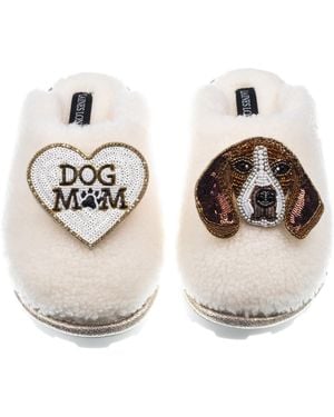 Laines London Teddy Closed Toe Slippers With Ziggy The Beagle & Dog Mum Mom Brooches - Metallic
