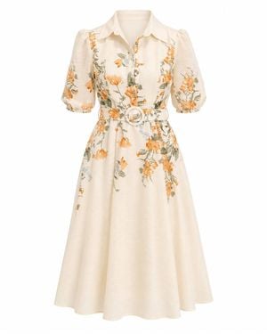 Girl In Mind Renata Floral Boarder Print Print Midi Dress Cream - Natural