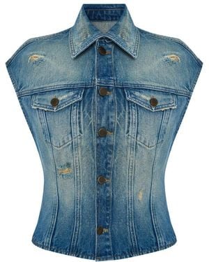Maison sél Overdyed Denim Embroidered Vest - Blue