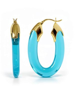 Gold & Honey Aquamarine Carved Oval Lucite Birthstone Hoop Earrings - Blue