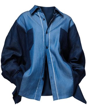 Story Wear Family Bros Oversized Two-Tone Patchwork Frayed Shirt - Blue