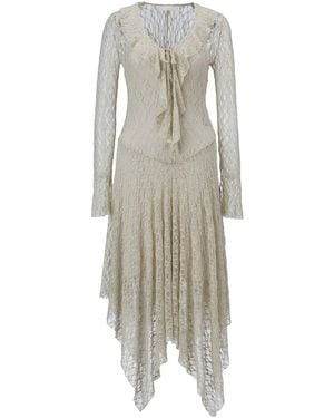 Belsize25 Neutrals Sage Dress – Stretch Lace Asymmetric Hem Midi Dress - Grey