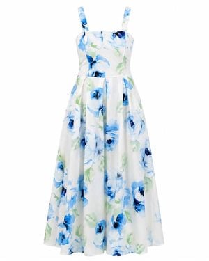 Girl In Mind Heather Floral Pleated Midi Dress - Blue