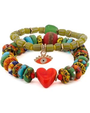 Ebru Jewelry Bohemian Style Heart & Evil Eye Happy Bracelet Set - Green
