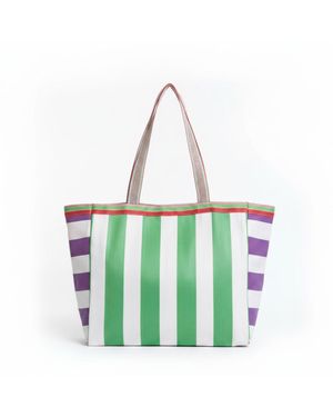 La Mandarine Beach Bag, Colourful Striped, Weekender, Tote, Shopper Medium Size, Made From Recycled Nylon - Green