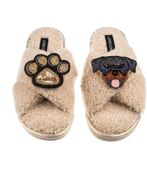 Laines London Neutrals Laines Boucle Slippers With Paw & Rottweiler Brooches - Natural