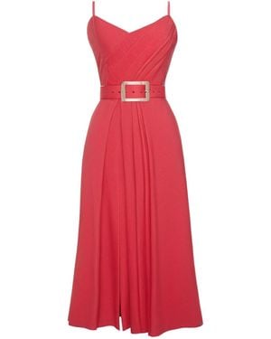 ALINA CERNĂTESCU Simba Linen Draped Cocktail Midi Dress With Front Slit And Pockets - Red