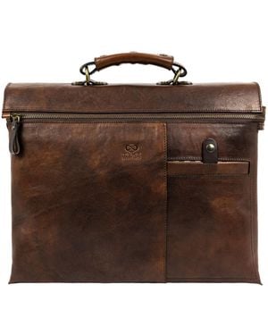Time Resistance Leather Briefcase Laptop Bag - Brown