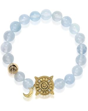 Aurozia Three Charms Solar Meridian Whitegold Plated Sundial And The Sun Coin Aquamarine Beaded Bracelet - Blue