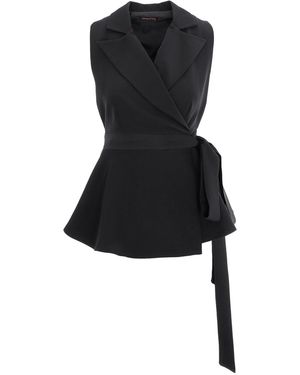 concept A trois Sleeveless Wrap Peplum Lapel Neck Vest - Black