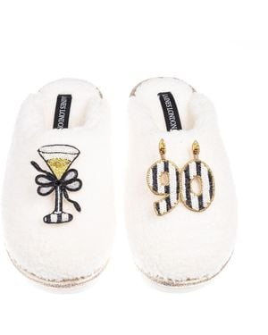 Laines London Neutrals Teddy Closed Toe Slippers With Stripe 90Th Birthday & Champagne Glass Brooches - White