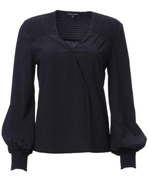 Carloslines V-Neck Bishop Sleeve Smocked Shoulder & Cuff Faux Wrap Blouse - Blue