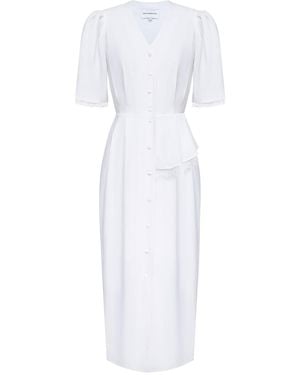 POST MERIDIEM Lace Decorated Button Front Midi Dress With Belt - White
