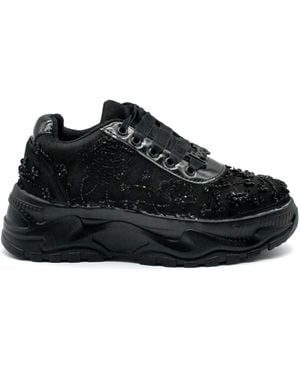 Rettrose Sarah Luxury Noir Satin Handmade Embellished Trainers - Black