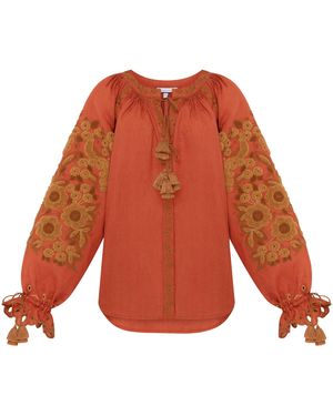 Annabo Harvest Sun Floral Embroidered Linen Blouse – - Orange