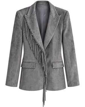 Malo Suede Jacket With Asymmetric Fringe Detail - Grey