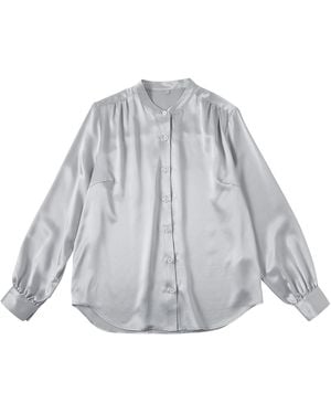 Soft Strokes Silk Pure Silk Long Sleeve Banded Collar Blouse - Gray