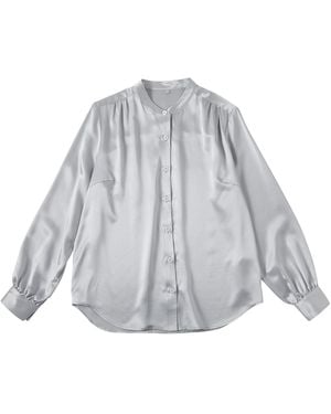 Soft Strokes Silk Pure Silk Long Sleeve Banded Collar Blouse - Grey