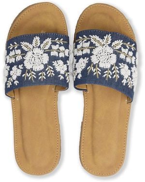 Pode Denim Handmade Floral Resort Slides – Waterproof Sole Sandals - Blue