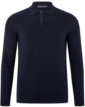 Paul James Knitwear Lightweight Cotton Hall Long Sleeve Knitted Polo Shirt - Blue