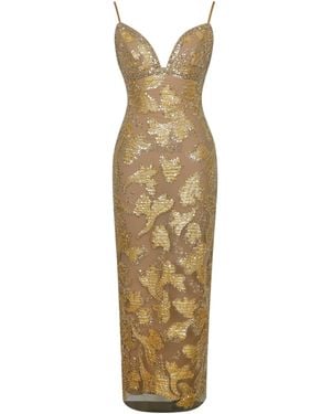Miss Circle New York Edie Beaded Sequin Midi Pencil Dress - Metallic