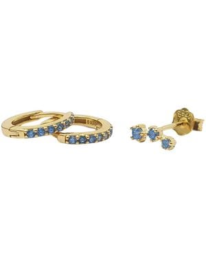 Sophelia Aquamarine March Birthstone Earring Gift Set: Small Huggie Hoops & Climber Studs - Metallic