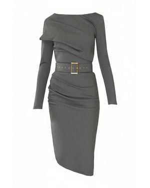 ALINA CERNĂTESCU Slide Ash Midi Cocktail Dress With Asymmetric Skirt And Textile Belt - Gray