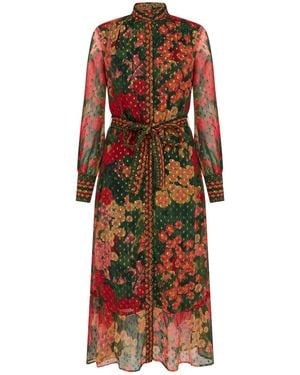 Raishma Floral Long Sleeve Belted Shirt Midi Dress - Red