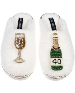 Laines London Neutrals Teddy Closed Toe Slippers With 40Th Champers Bottle & Glass Brooches - White