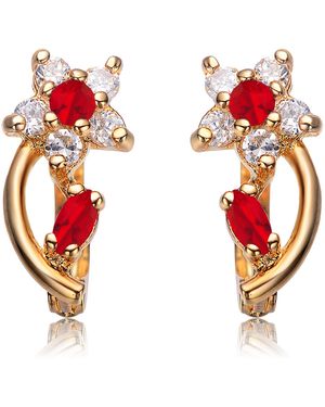 Genevive Jewelry Sterling Plated Ruby Cubic Zirconia Flower Huggie Earrings - Red